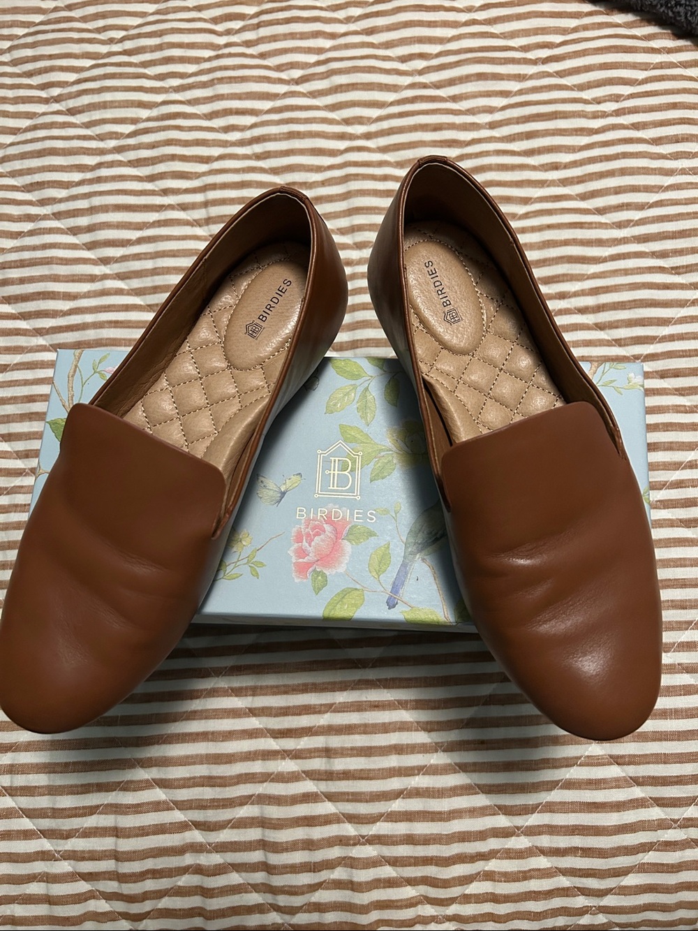 Birdies Brown Leather Quilted-Insole Slip-On Loafers